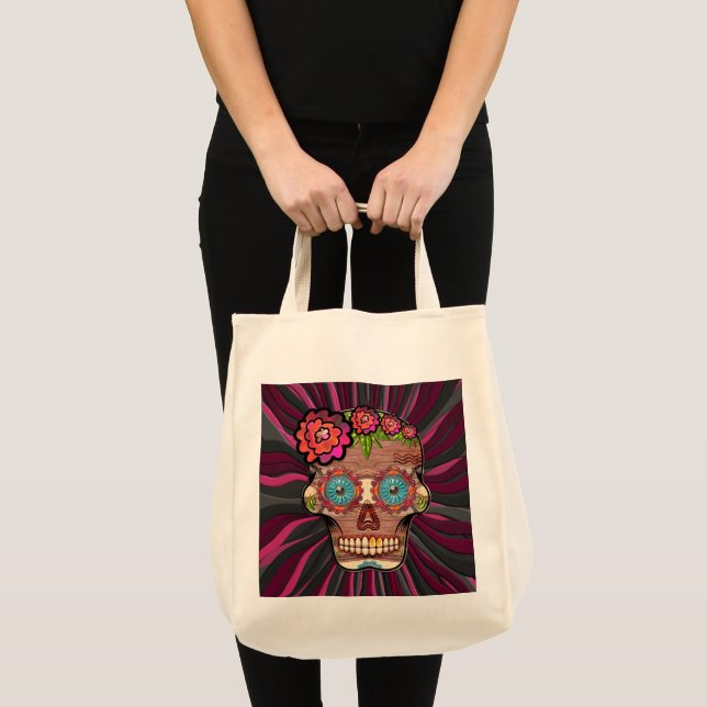 Tote Bag Crâne de sucre en bois sculpté avec couronne fleur (Devant (produit))