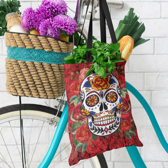 Tote Bag Crâne de sucre rose Roses rouges Vacances sur tout (Sugar Skull Pink Red Roses Holidays All Over Print Tote Bag)