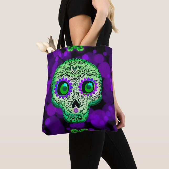Tote Bag Crâne de sucre vert et violet brillant Halloween (De près)