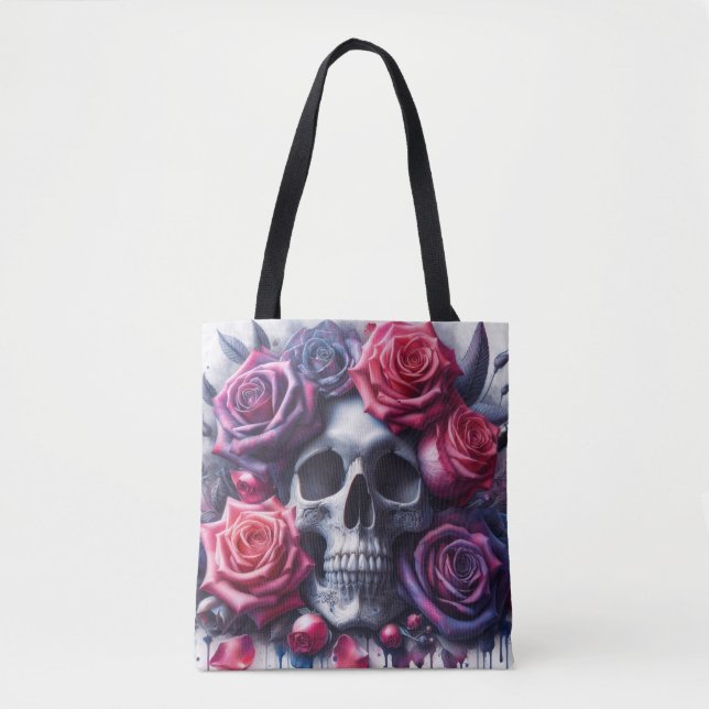Tote Bag Crâne entouré de Roses dynamiques (Devant)