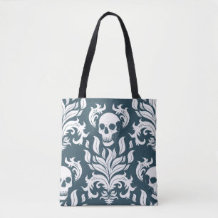 Tote Bag Crâne flamme Damas en blanc croustillant sur bleu
