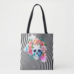 Tote Bag Crâne floral d'aquarelle avec des rayures