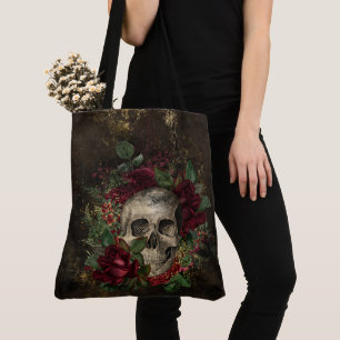 Tote Bag Crâne gothique affligé parmi des roses sur le cu