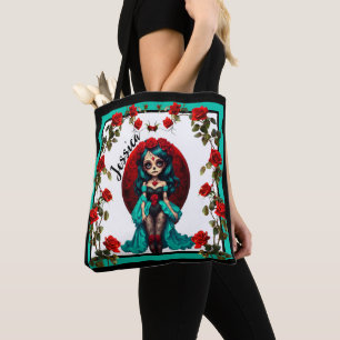 Tote Bag Crânes de sucre avec roses sarcelles et rouges