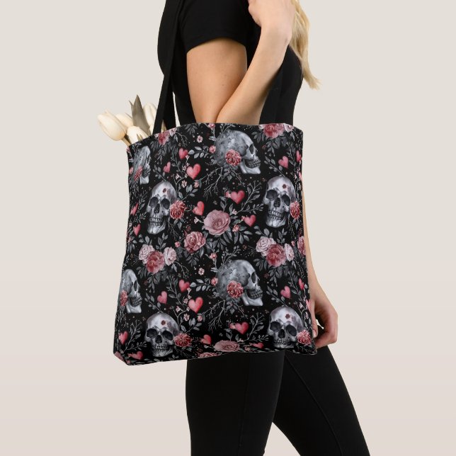 Tote Bag Crânes gothiques de cuisine avec Rose (De près)
