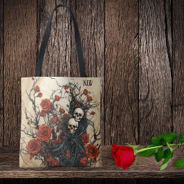 Tote Bag Crânes gothiques, vignes noires et roses rouges Mo