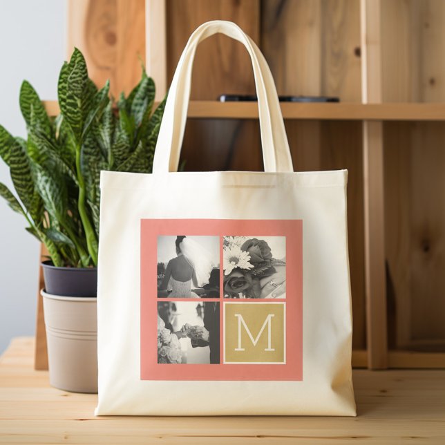 Tote Bag Créez votre propre collection photo Mariage Monogr (Personalized Tote Bag - Wedding Photo Collage)