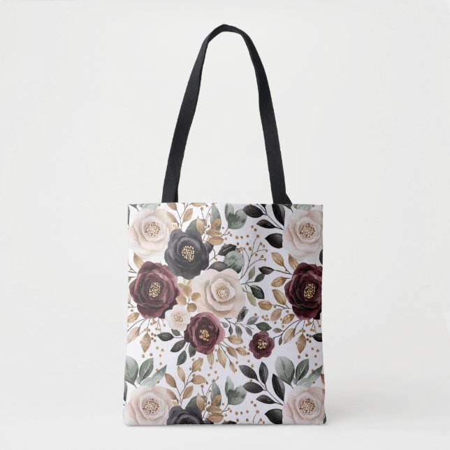 Tote Bag Crème Bourgogne Floral noir (Devant)