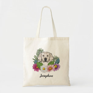 Tote Bag Crème Golden Retriever Fleurs colorées et nom