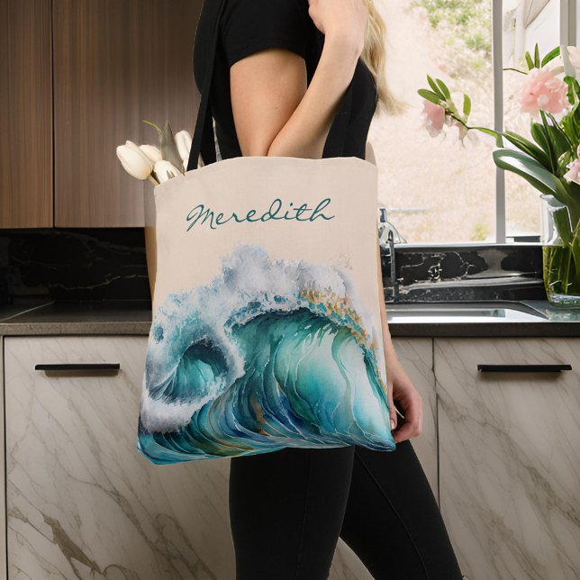 Tote Bag Cresting géant Bleu Vert Océan Vague avec Monogram (Créateur téléchargé)