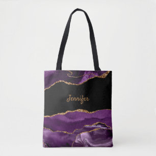 Tote Bag Cristal d'agate noir violet moderne personnalisé a