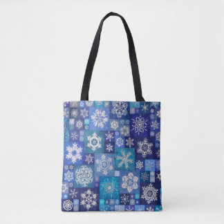 Tote Bag Crocheted Snowflakes Blue Digital Patchwork
