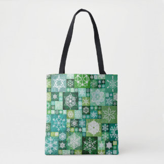 Tote Bag Crocheted Snowflakes Green Digital Patchwork