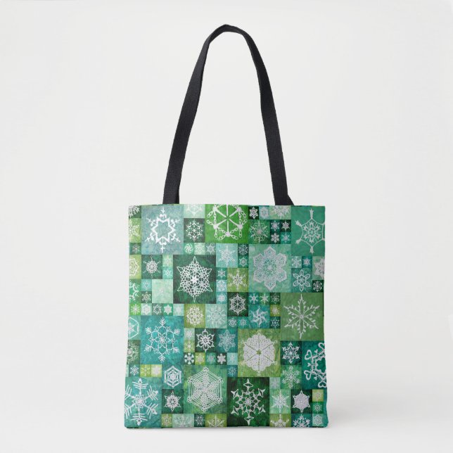 Tote Bag Crocheted Snowflakes Green Digital Patchwork (Devant)