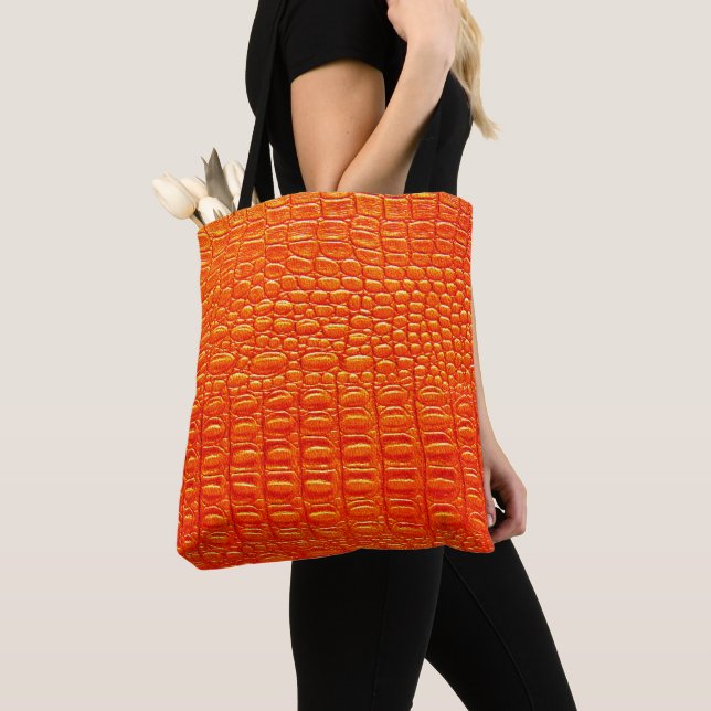 Tote Bag Crocodile orange imprimé en cuir  (De près)