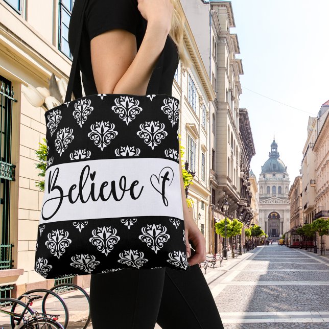 Tote Bag Croire moderne Script noir blanc Damask Christian (Créateur téléchargé)