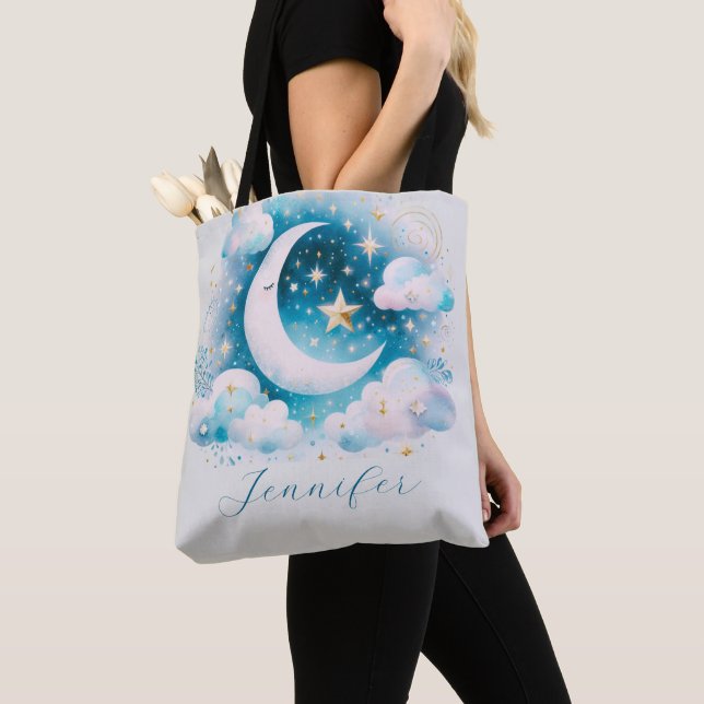 Tote Bag Croissant de lune céleste bleu et blanc Bohème Mod (De près)