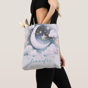 Tote Bag Croissant de Lune Céleste Bleu et Blanc Bohème Mod