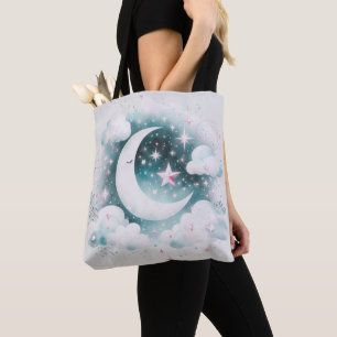 Tote Bag Croissant de Lune Céleste Bleu et Blanc Bohème Mod