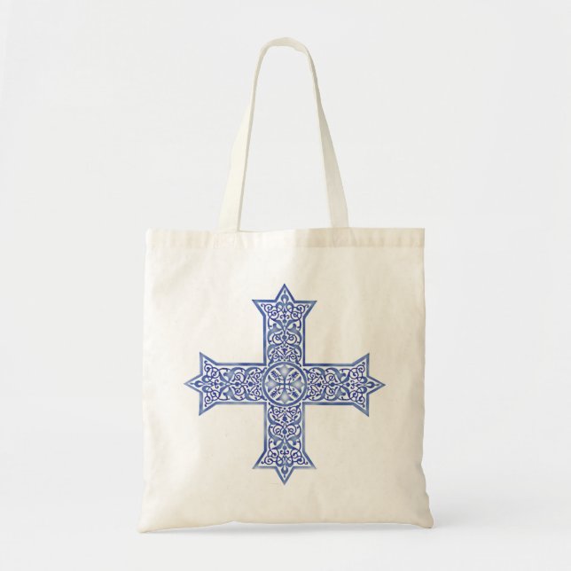 Tote Bag Croix copte d'art en Lapis Bleu Premium (Devant)
