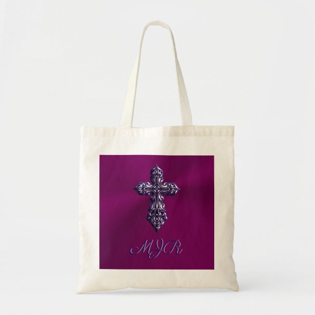 Tote Bag Croix gothique à l'apparence bossée en violet avec (Devant)