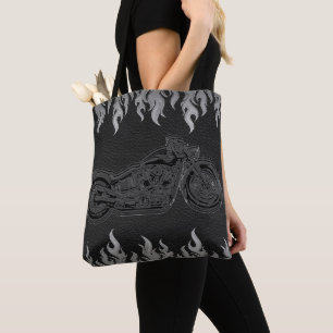 Tote Bag Cuir noir flammes d'argent feu chaud moto