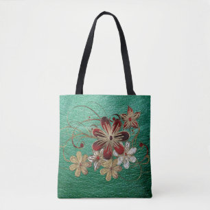 Tote Bag Cuir Vert Et Fleurs