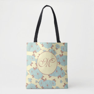 Tote Bag Cuivre Pale Turquoise Floral sur Pastel jaune