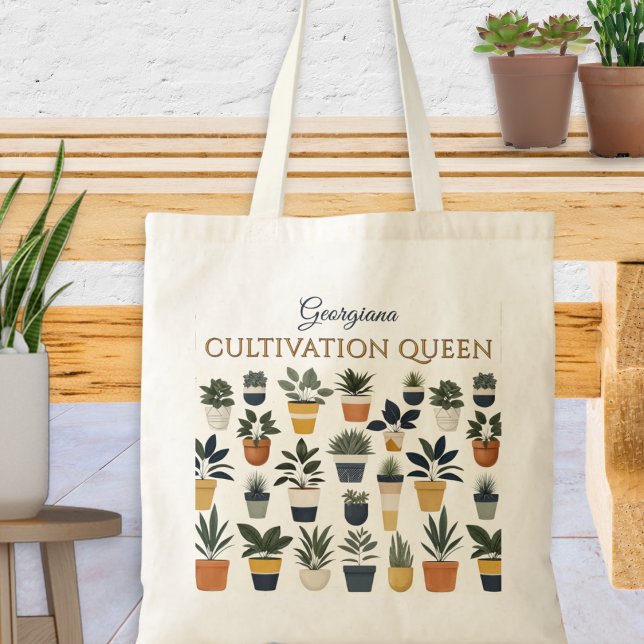 Tote Bag Cultivation Queen Plantes Jardinage (A tote bag with pattern of potted plants, 'Cultivation Queen' words and personalized script name)