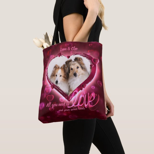 Tote Bag Custom 2 Photo, Pet Love Red & Blue Neon Hearts - (De près)