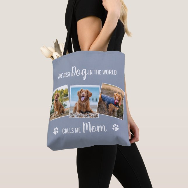 Tote Bag Custom Chien Mom Grey Photo Collage (De près)