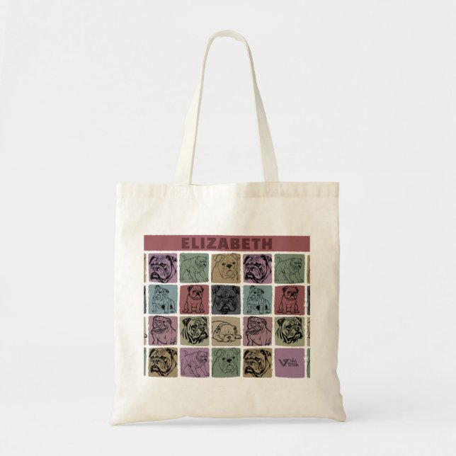 Tote Bag Custom Name Initial Retro Bulldog Floral Gift (Devant)