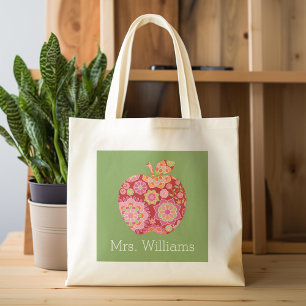 Tote Bag Custom Teacher Apple with Trendy Floral Pattern