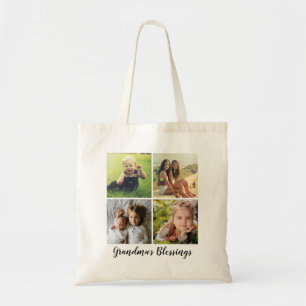 Tote Bag Custom Text, Four Photo Collage,