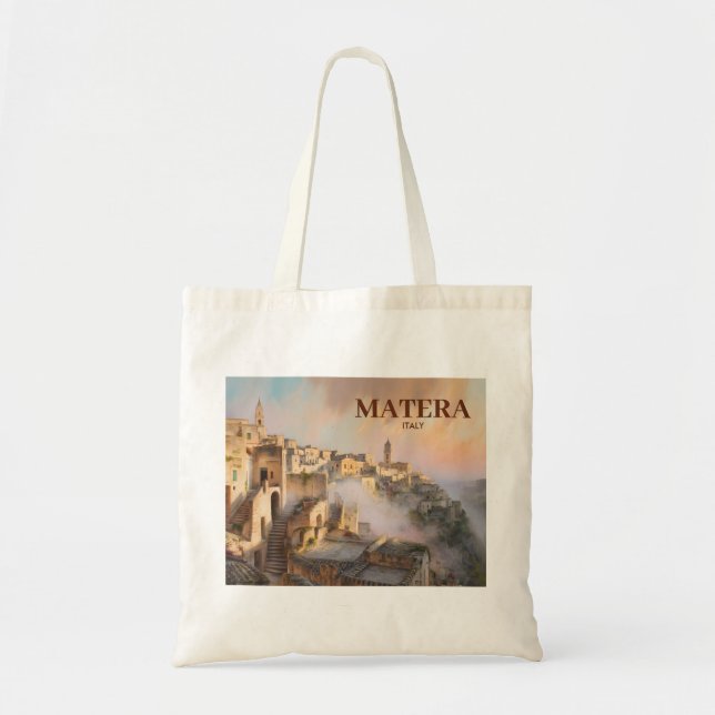 Tote Bag Custom Text Sassi di Matera Italy Watercolor Retro (Devant)