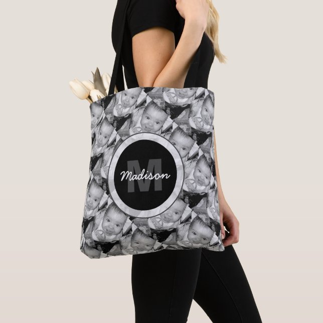 Tote Bag Customisez votre motif photo noir blanc Monogramme (De près)
