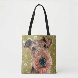 Tote Bag Cute Airedale Terrier et Motif de fleurs vertes