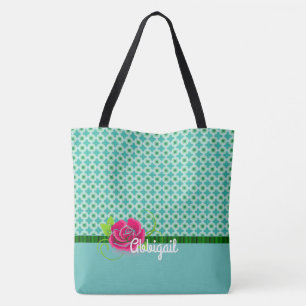 Tote Bag Cute Aqua & Vert Motif Rose rose Personnalisé