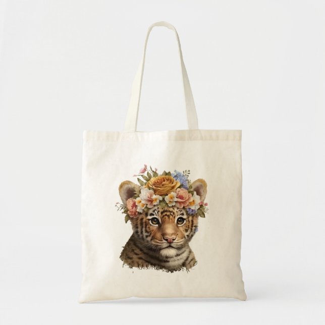 Tote Bag Cute Aquarelle Floral Tigre (Devant)