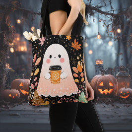 Tote Bag Cute Autumn Ghost with Pumpkin Coffee – Cozy Fall 