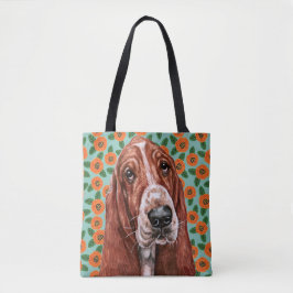 Tote Bag Cute Basset Hound Red Poppy Motif