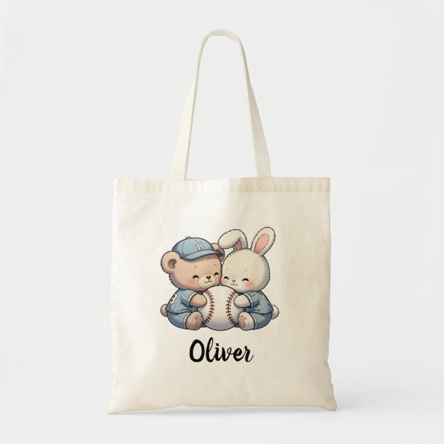Tote Bag Cute Bear and Bunny Baseball Team (Devant)