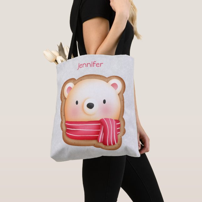Tote Bag Cute Bear Face Red Scarf et Rosy Cheeks Christmas (De près)