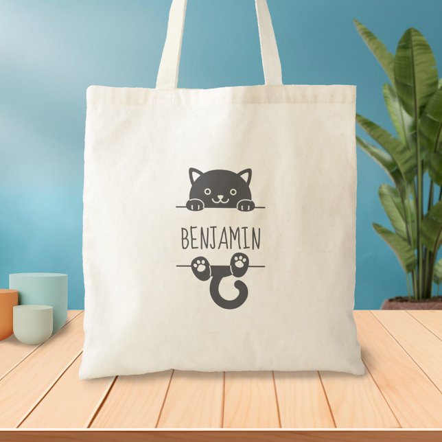 Tote Bag Cute Black Cat Pékin derrière Nom Personnalisé (Créateur téléchargé)