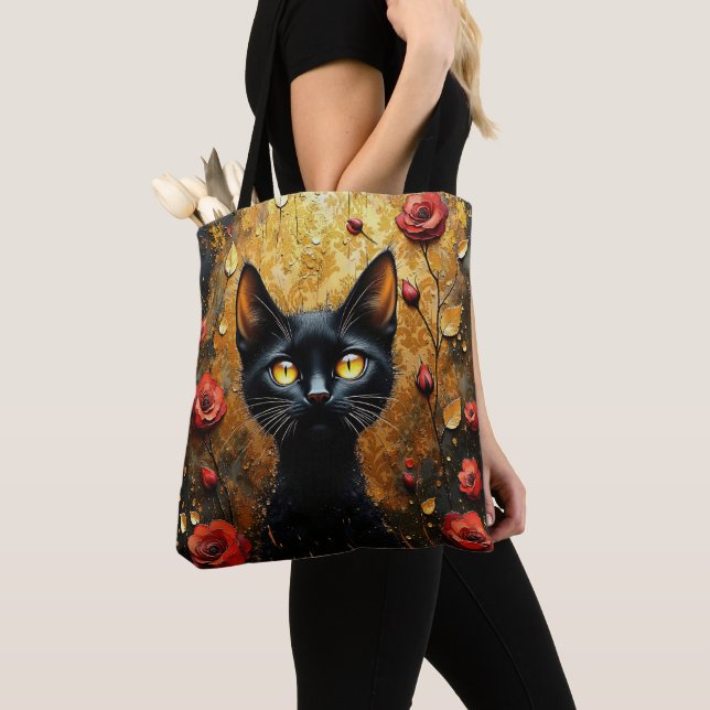 Tote Bag Cute Black Cat With Red Roses (De près)