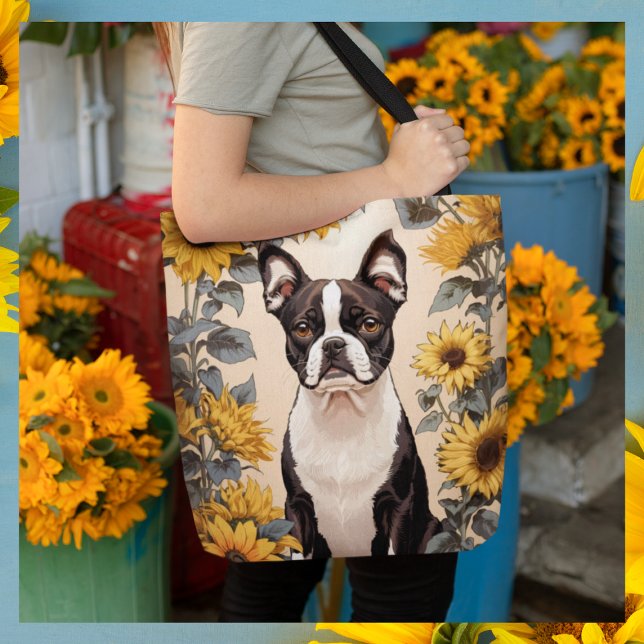 Tote Bag Cute Boston Terrier Yellow Sunflowers (Créateur téléchargé)