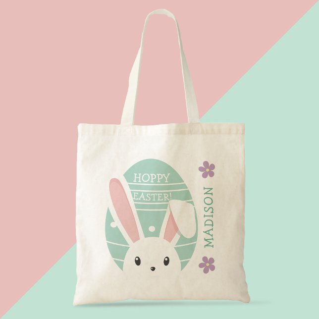 Tote Bag Cute Bunny Hoppy Chasse aux oeufs de Pâques Nom pe (Créateur téléchargé)