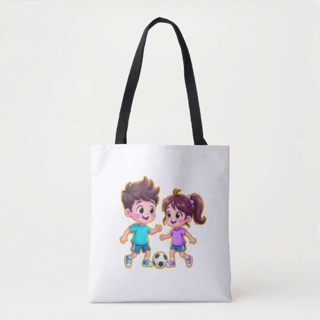 Tote Bag Cute Cartoon Boy and Girl Playing Soccer Together  (Devant)