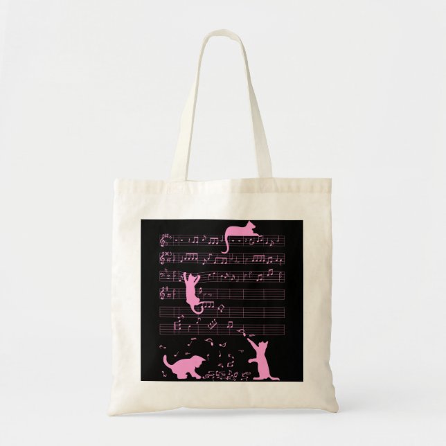Tote Bag Cute Cat Kitty Jouer Musique Note Clef Rose Musici (Devant)