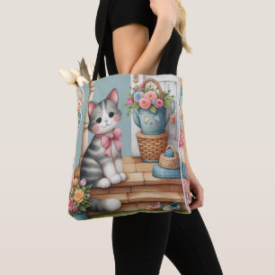 Tote Bag Cute Chat sur Porche avec Fleurs et Patchwork